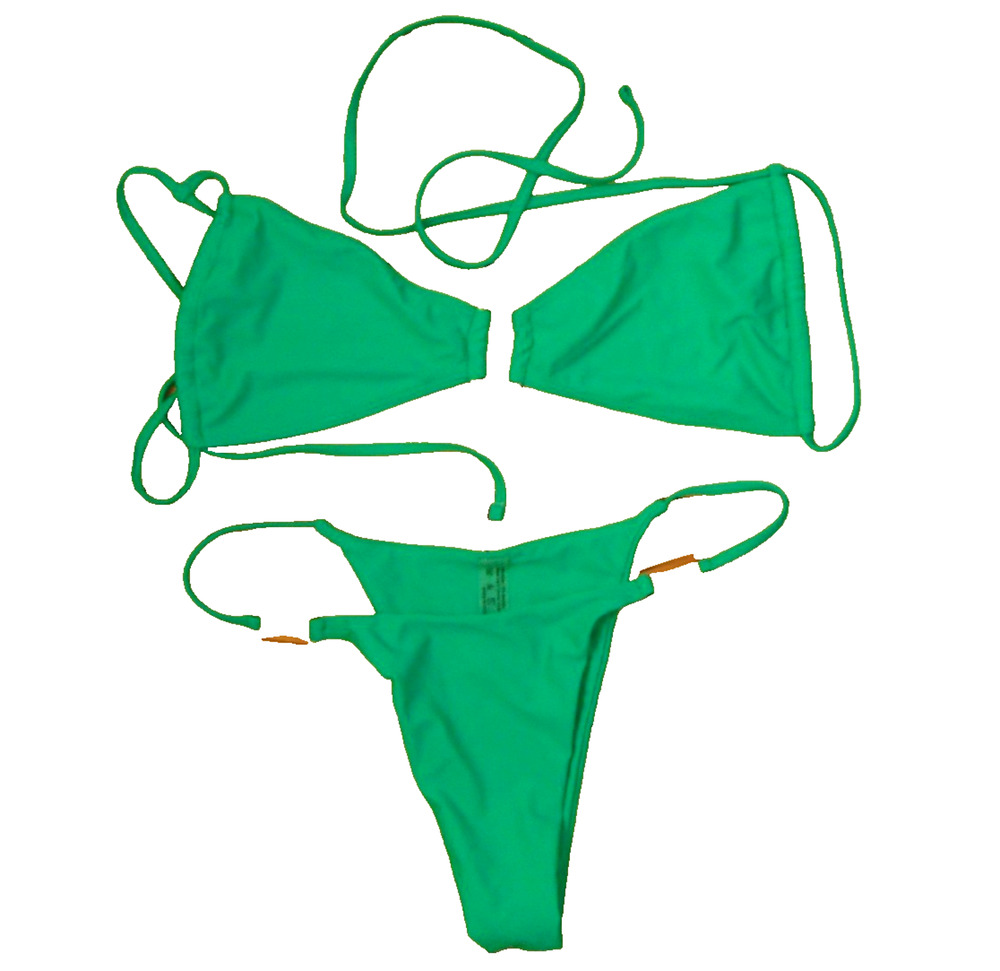 Green Bikini Set Women’s Small Bandeau Gold Hardware High Cut Thong Swim